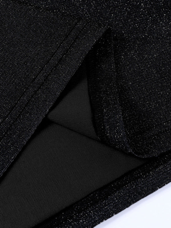 Close-up of black glittery fabric with lining