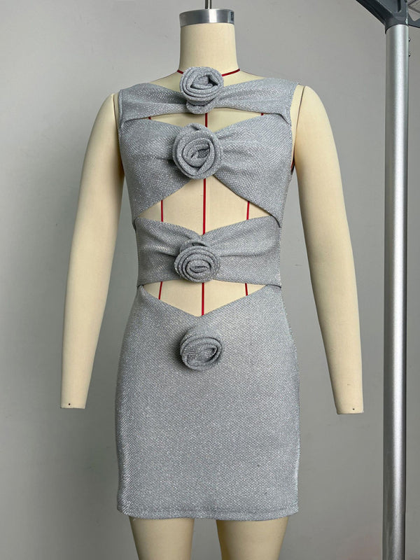 Front view of silver dress with floral design on mannequin