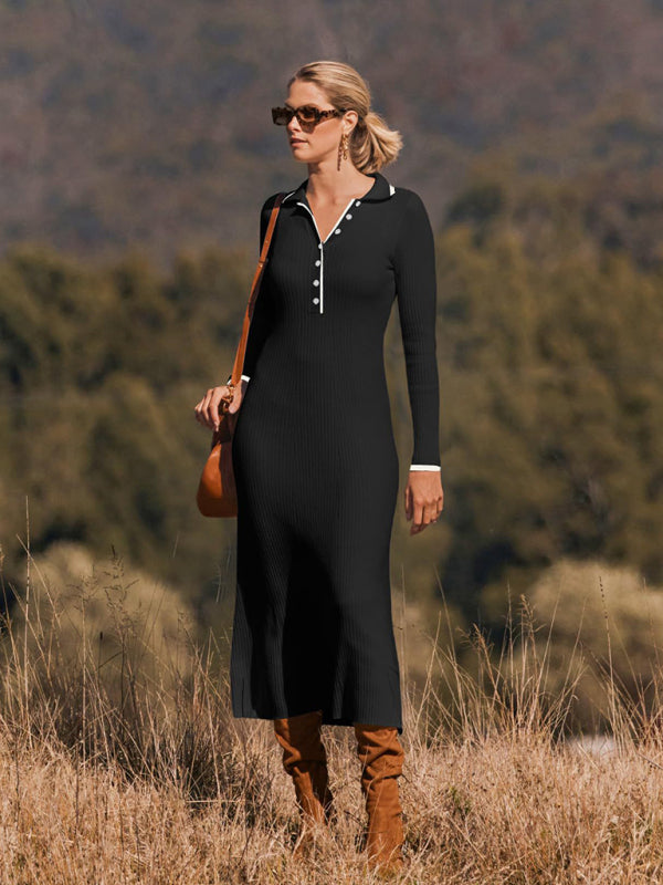 Black hip-hugging dress with lapel in outdoor setting