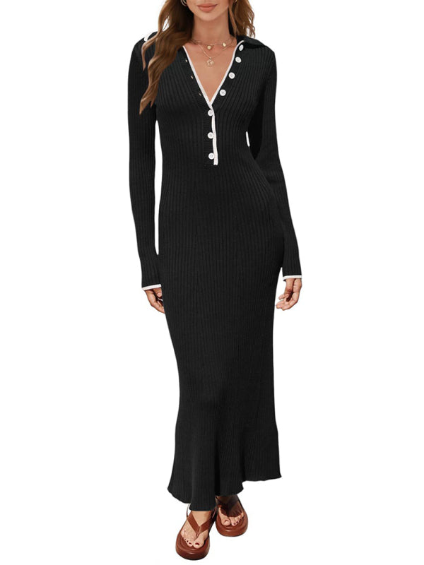 Black knitted slim fit long-sleeved dress with buttons