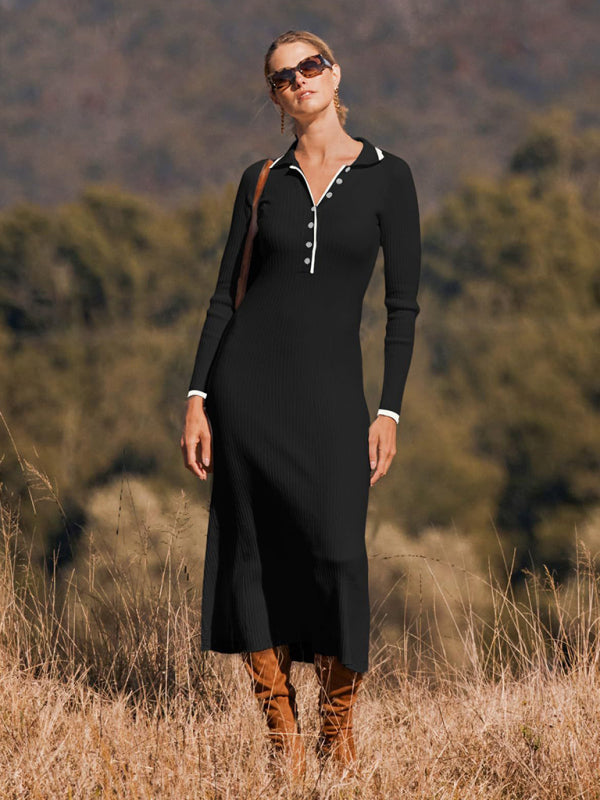 Brown knitted slim fit long-sleeved dress with buttons