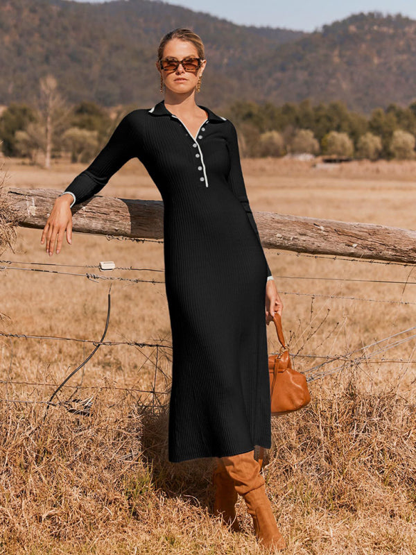 Black long-sleeved dress with lapel and buttons