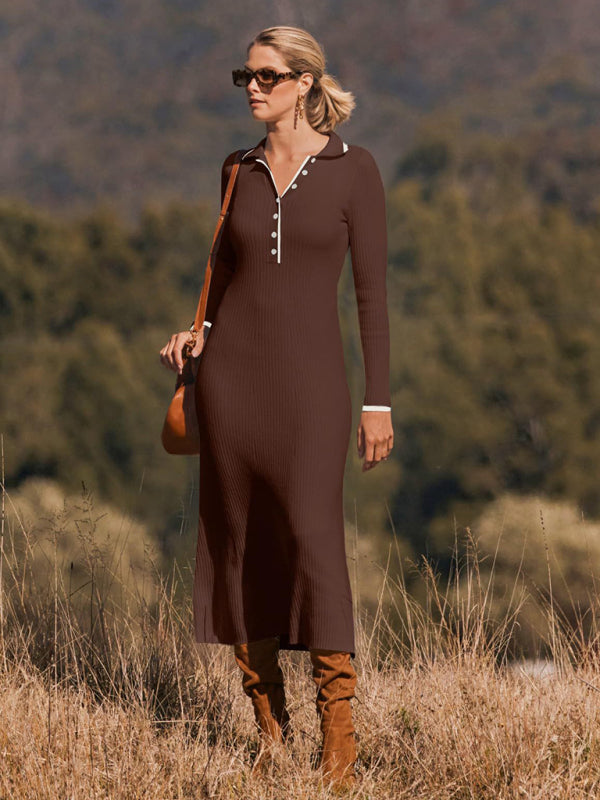 Brown long-sleeved dress with lapel and buttons