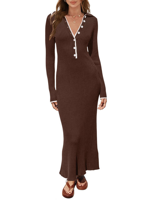 Brown dress with lapel and buttons in outdoor setting