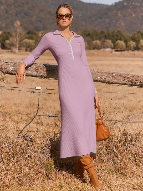 Pink long-sleeved dress with lapel in outdoor setting