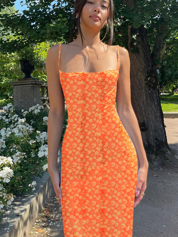 Orange floral slim fit backless suspender dress