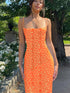 Orange floral slim fit backless suspender dress