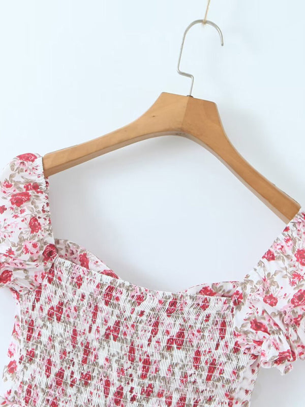 Back view of floral puff cake skirt on hanger