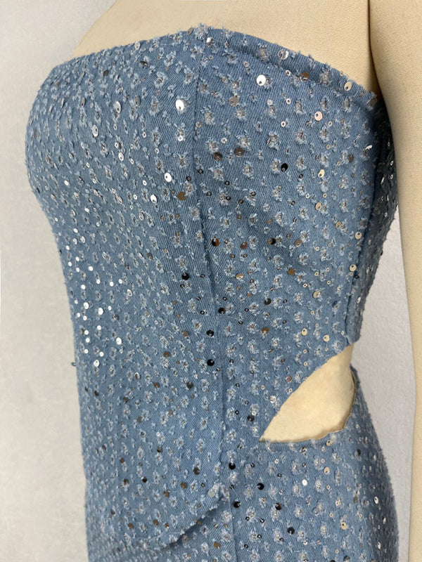 Side view of denim sequined tube top on mannequin