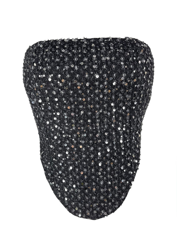 Front view of black sequined tube top