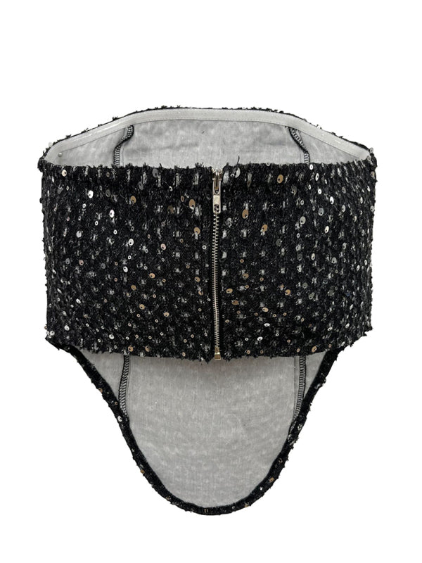Black sequined tube top with zipper