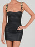 Black strapless dress with gold button straps, front view