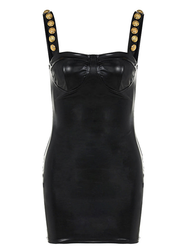Black strapless dress with gold button straps, flat lay
