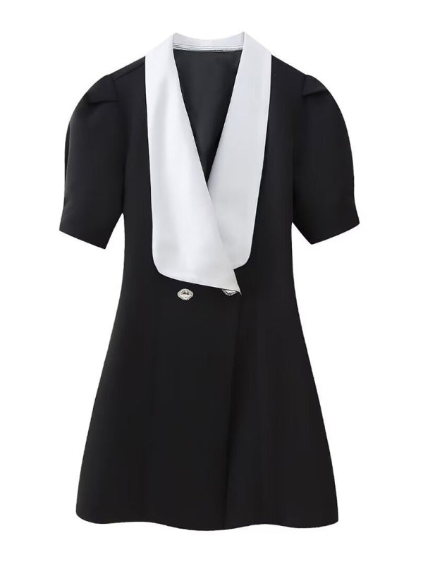Black suit-style mini dress with white lapel