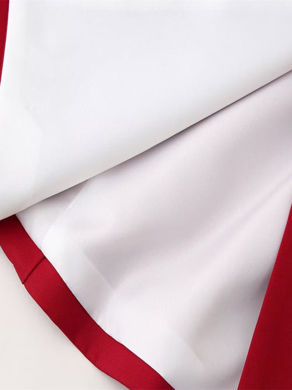 Close-up of red dress fabric with white lining
