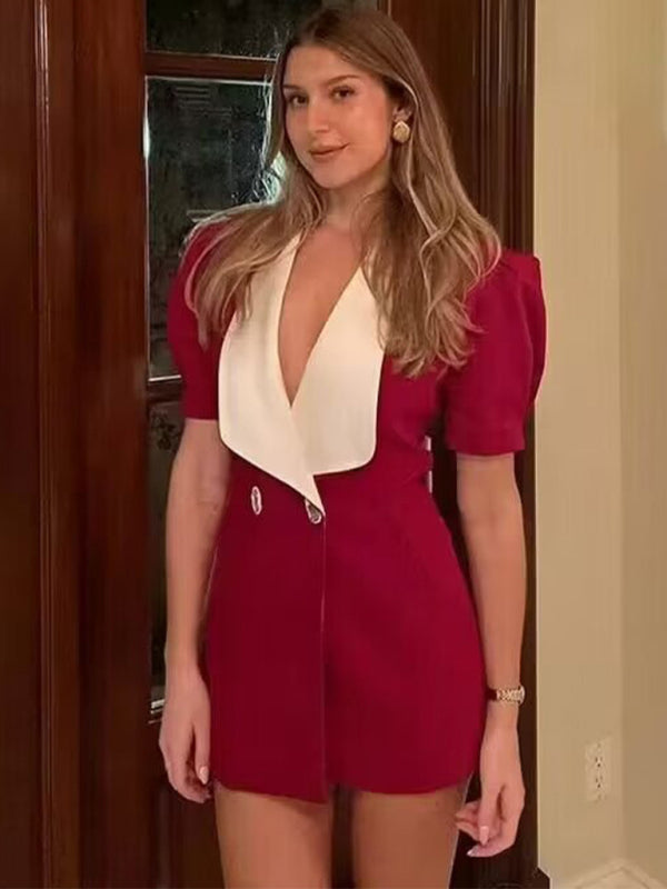 Model wearing red suit-style mini dress