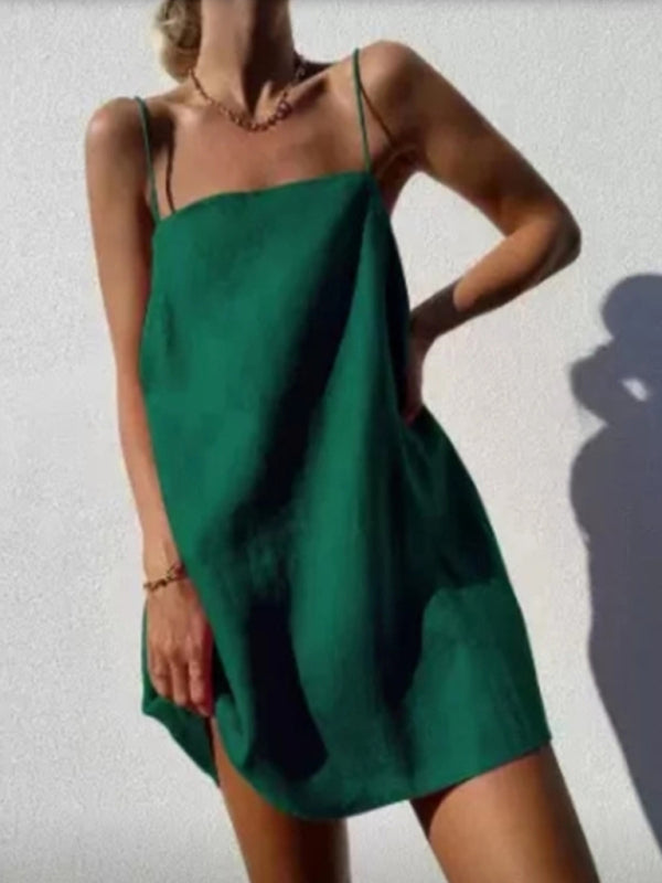 Green cotton linen suspender holiday dress