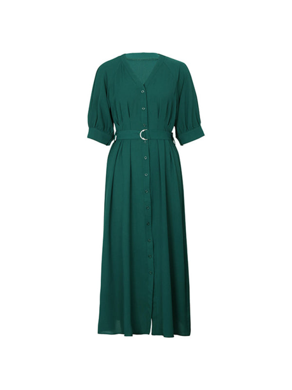 Front view of green V-neck mid-sleeve dress with belt
