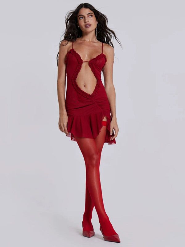 Full view of red halter neck dress