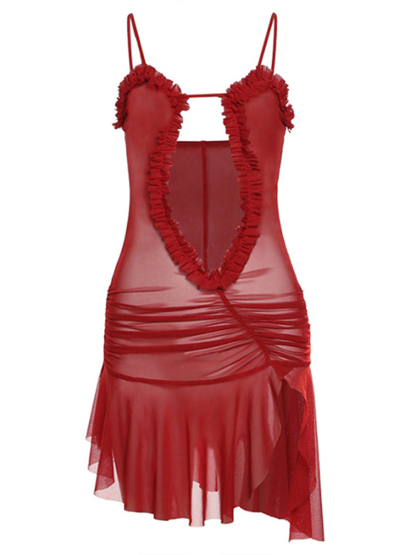 Red backless dress with ruffled details