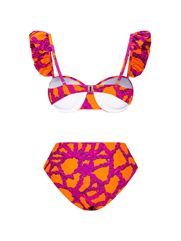 Back view of printed bikini set with ruffle straps