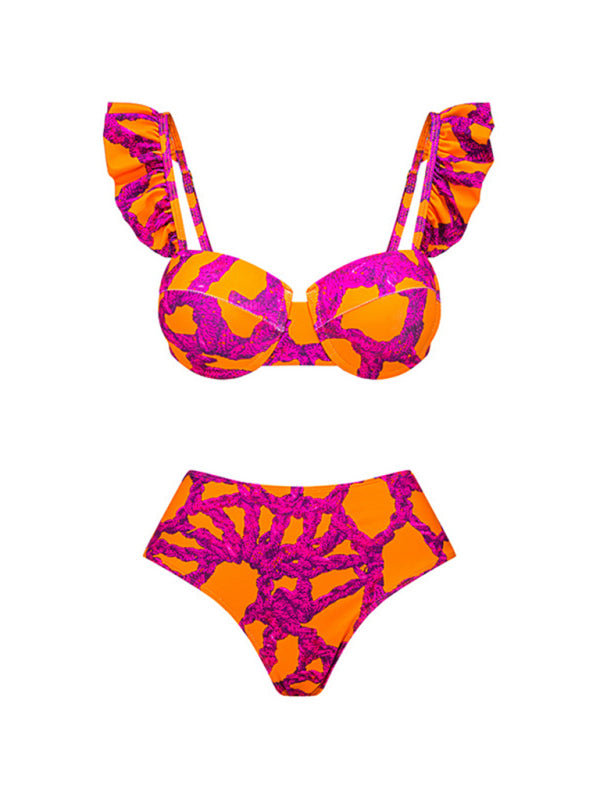 Front view of printed bikini set with ruffle straps