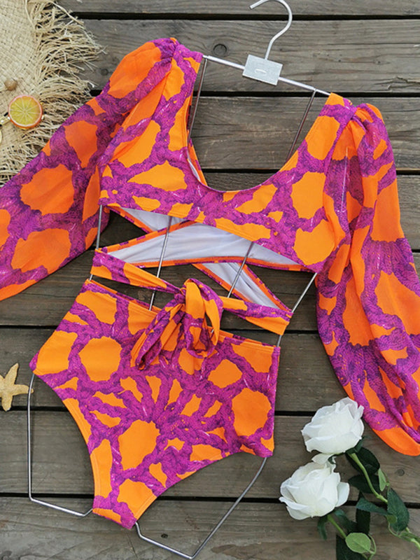 Colorful printed bikini set with long sleeves on hanger