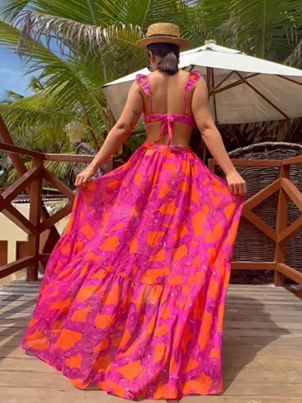 Back view of printed bikini set with skirt