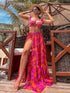 Stylish printed bikini set with skirt on beach