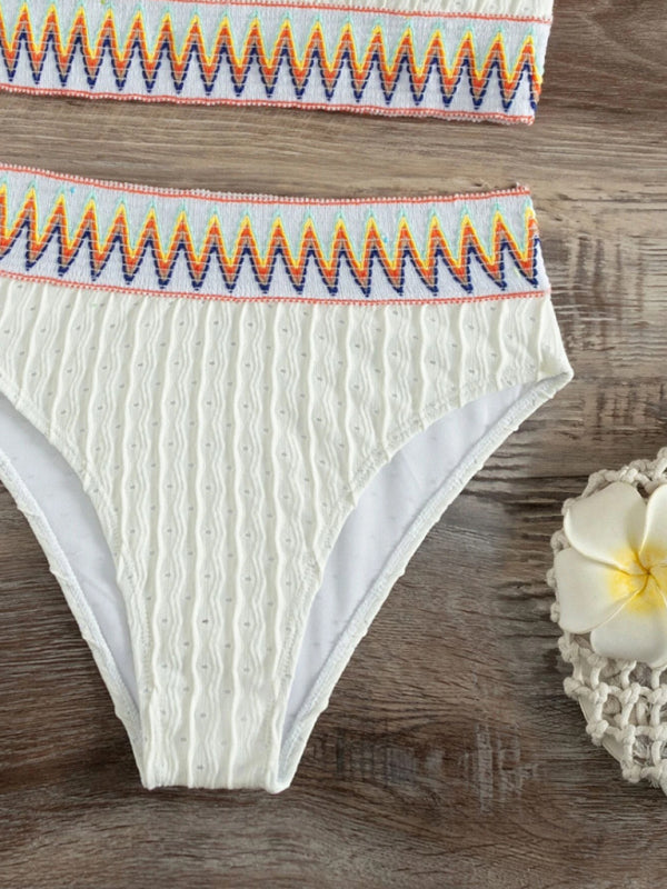 Close-up of high waist bikini bottoms with colorful trim