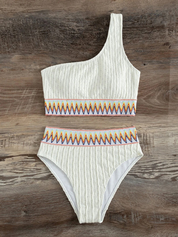 Full view of white slanted shoulder bikini set