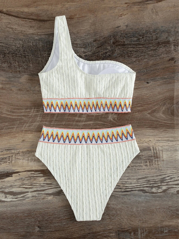 Back view of slanted shoulder bikini with high waist