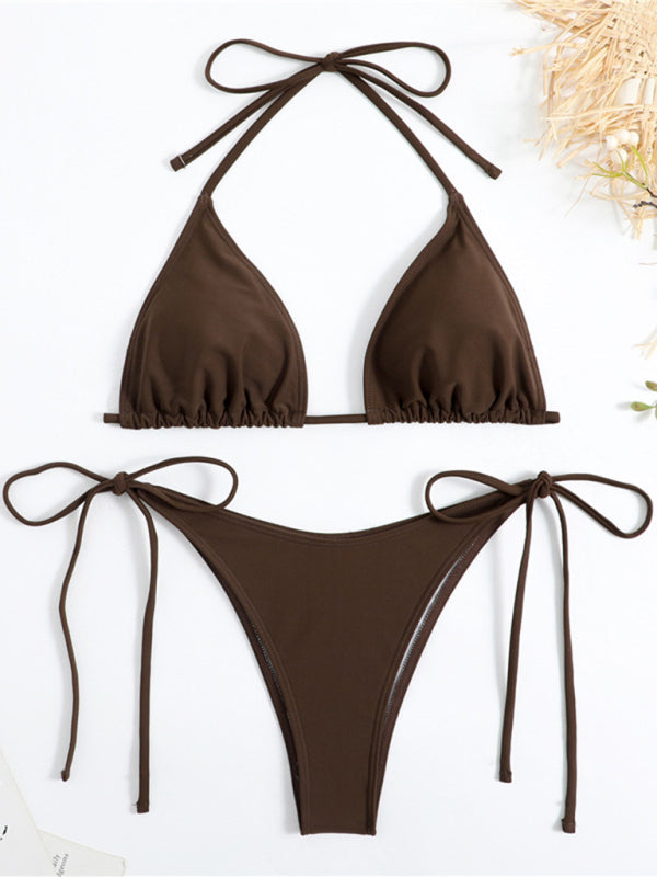 Brown triangle bikini set with split straps