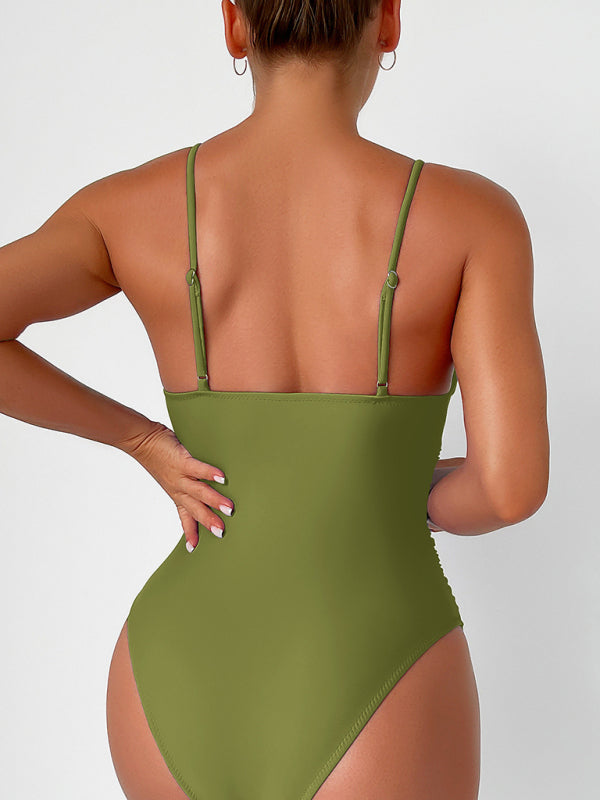 Olive green deep V one-piece swimsuit back view