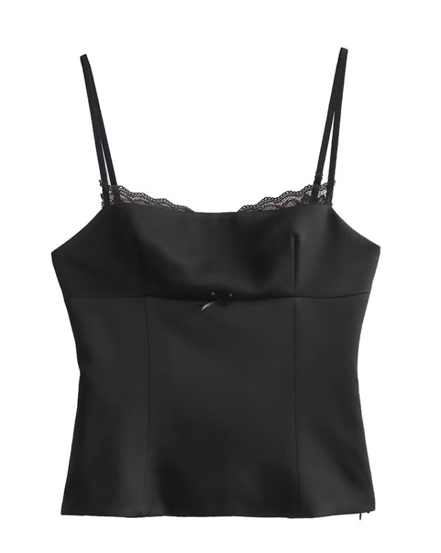 Front view of black satin camisole
