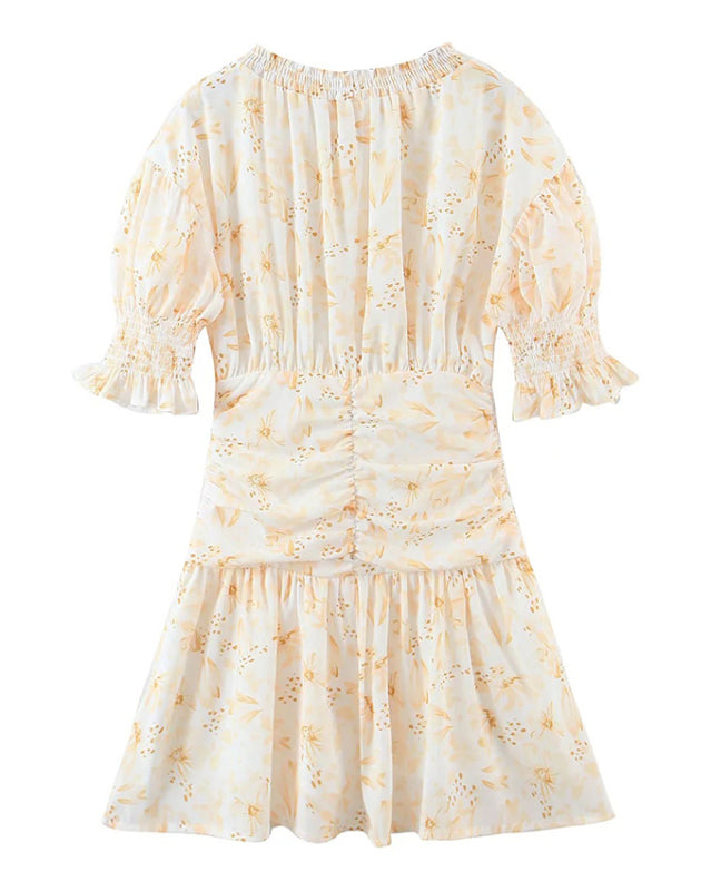 Pastoral style dress with elastic pleats and floral pattern