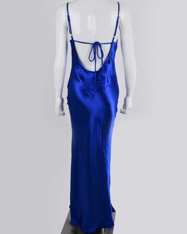 Back view of blue backless evening dress with swing neck