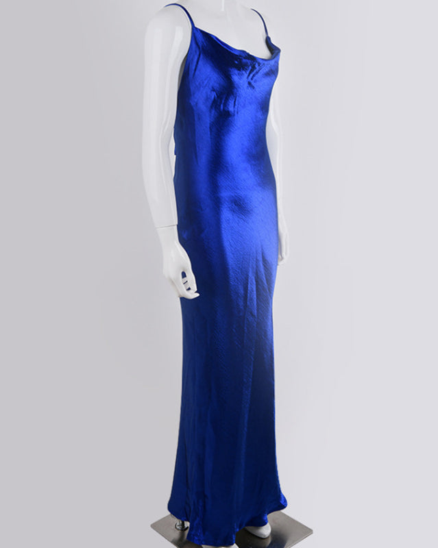 Side view of blue strapless backless evening dress