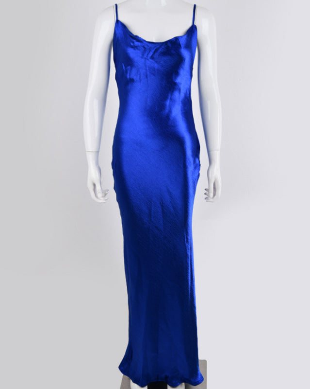 Front view of blue strapless backless evening dress