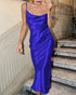 Blue strapless backless evening dress with swing neck