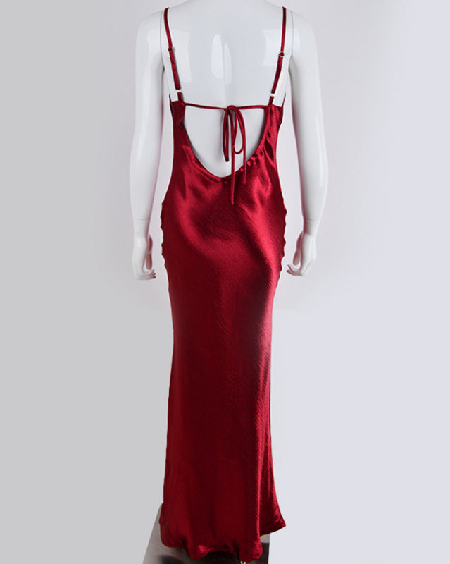 Back view of red backless evening dress with swing neck