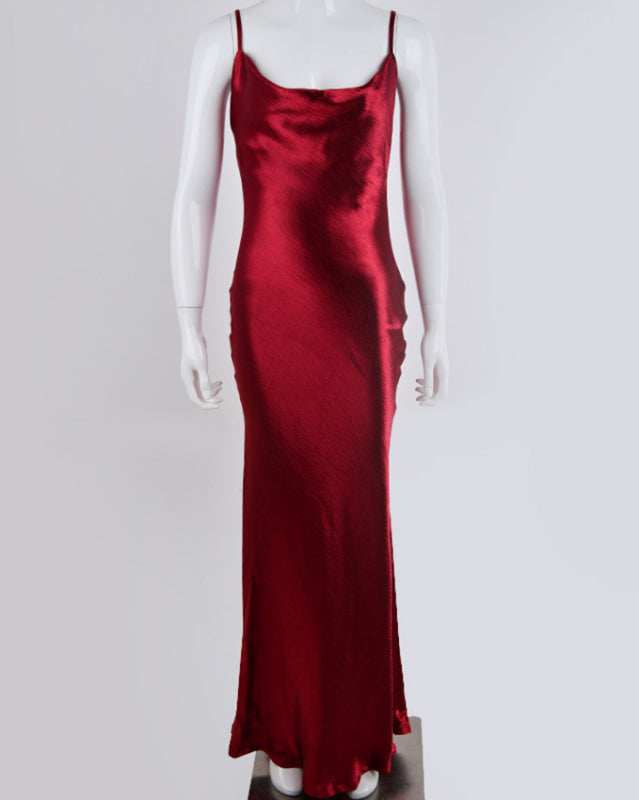 Front view of red strapless backless evening dress