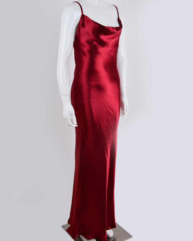 Side view of red strapless backless evening dress