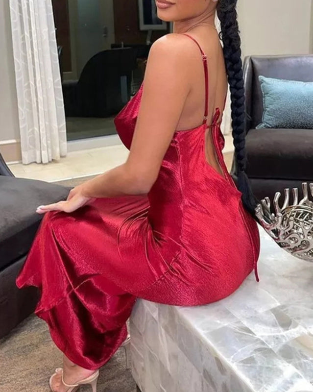 Red strapless backless evening dress with swing neck