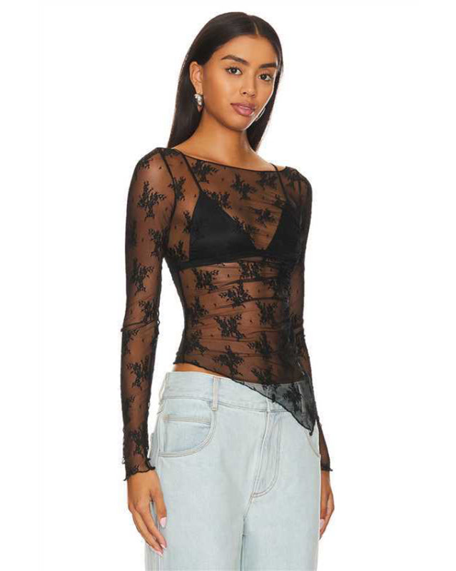Side view of black mesh lace shirt with stand-up collar