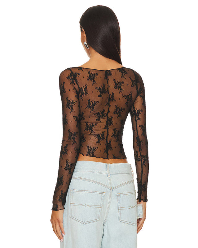 Back view of black see-through lace shirt with long sleeves