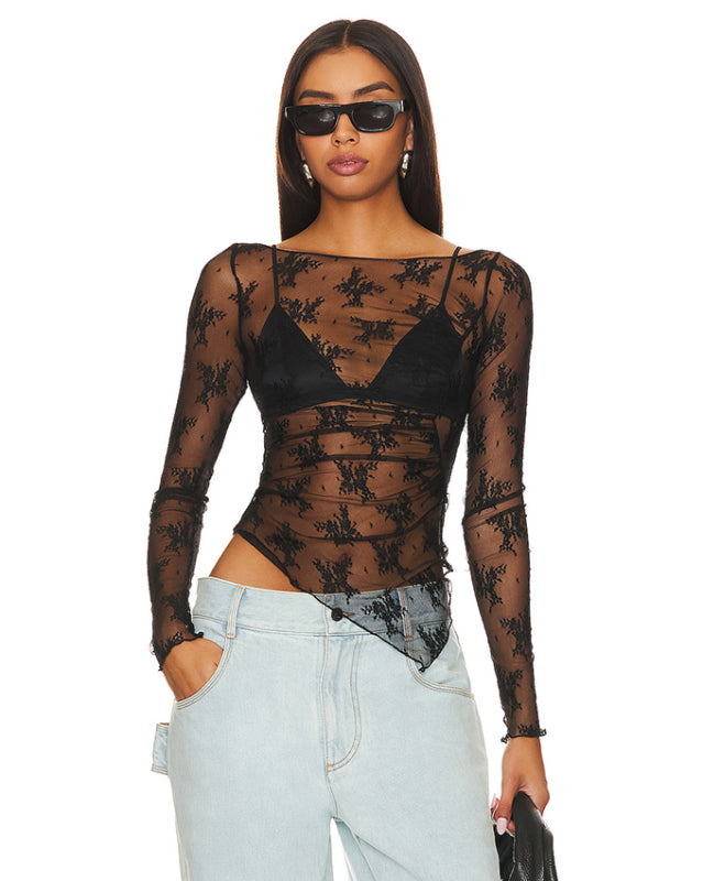 Black mesh see-through lace shirt with long sleeves