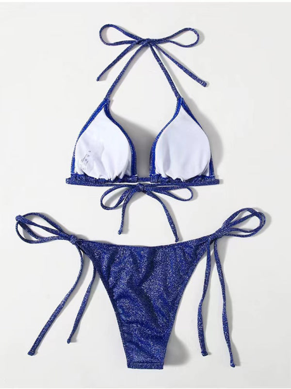 Blue backless strappy bikini with white lining