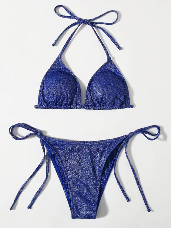 Blue glittery split backless strappy bikini