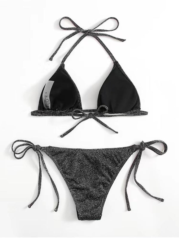 Black backless strappy bikini with white lining